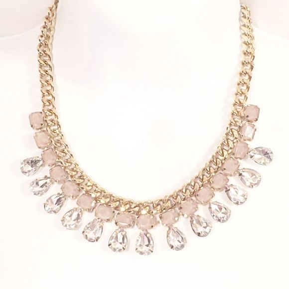 None Jewelry - Pink Clear Crystal Rhinestone 16" Bib Statement Chunky Chain Choker Necklace